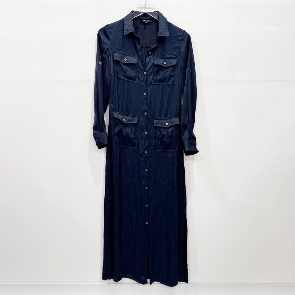 Madewell Button Front Utility Shirt Dress in Satin Long Sleeve Dark Blue X-Small